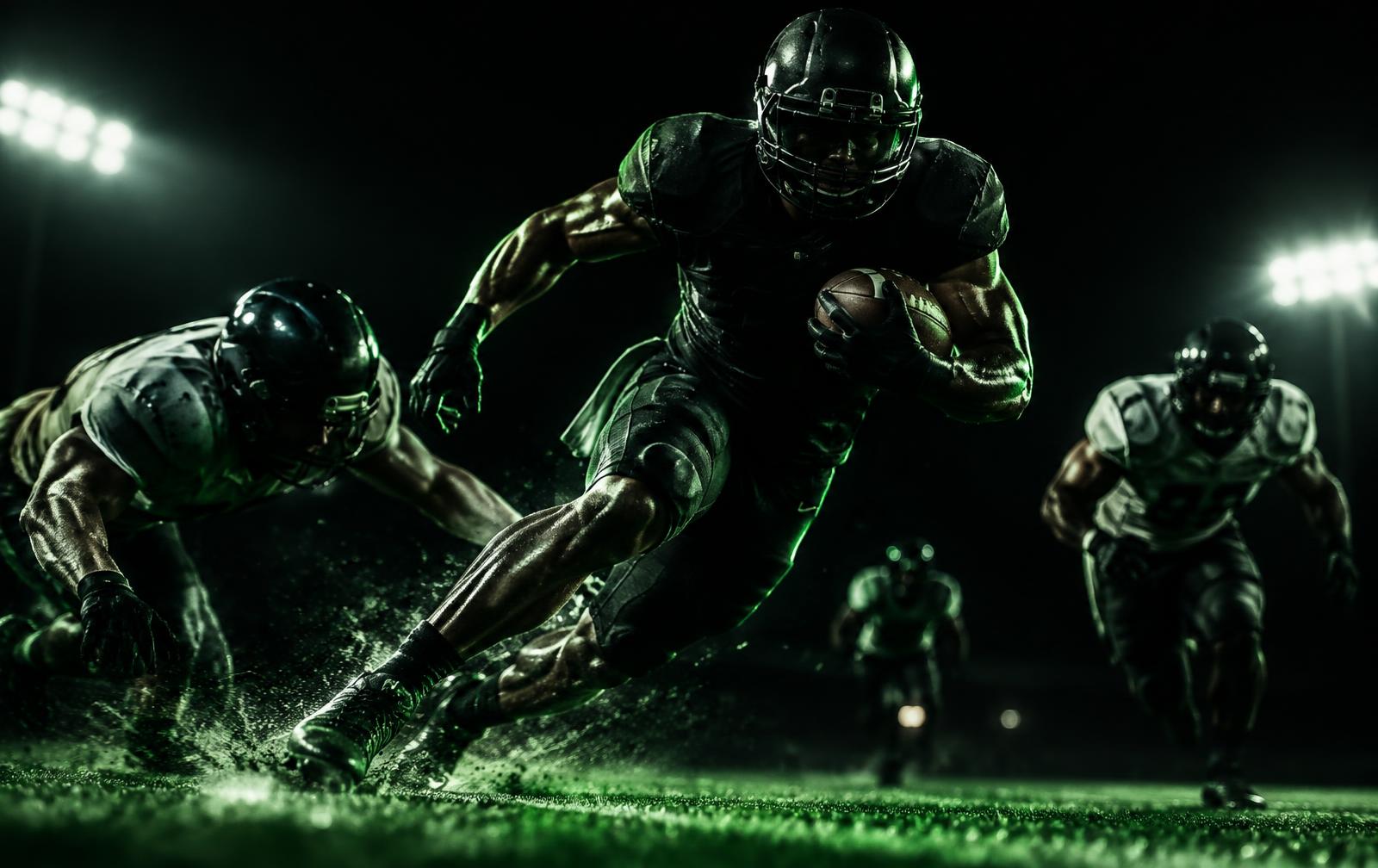 Running back cutting upfield under stadium lights